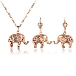 18k Gold Elephant Filigree Earrings Necklace Set